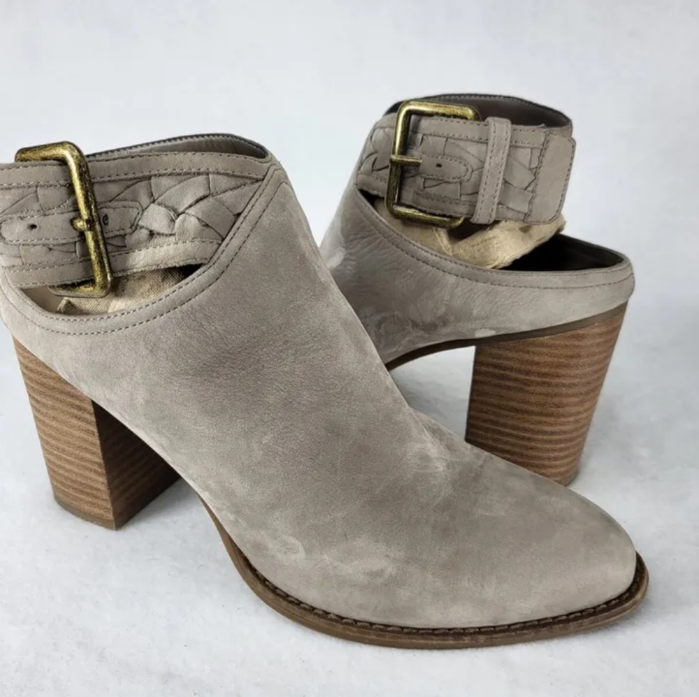ALDO Adraynia Grey/Taupe Open Heel Ankle Strap Suede Booties - Size 7.5